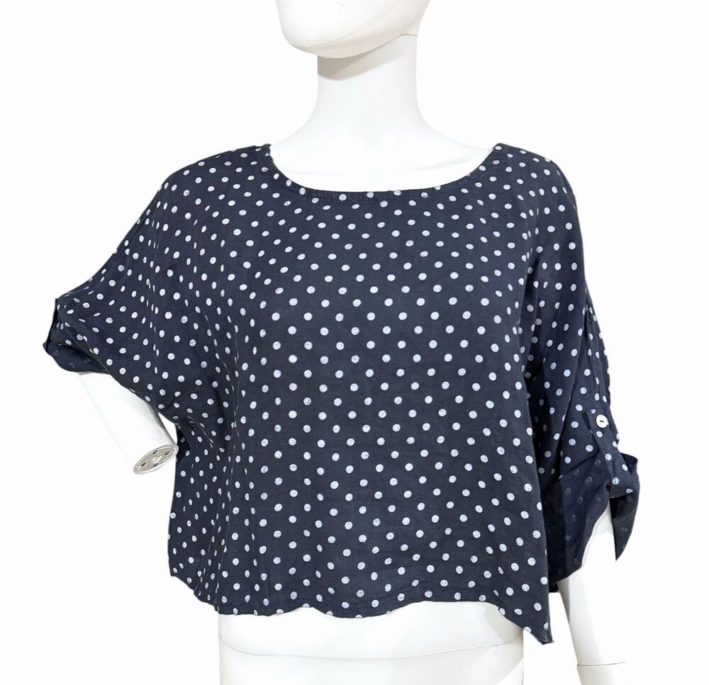 Tempo Paris Polka Dot Boxy Cropped Linen Top Size S Blue w/ White Dots Roll-Tab